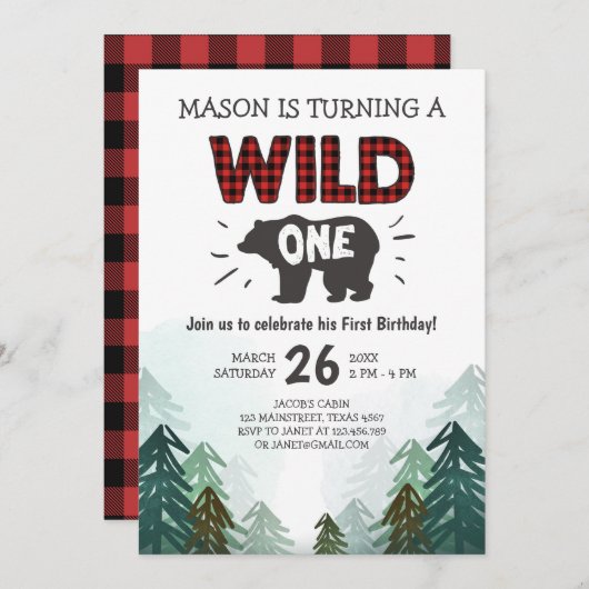 Lumberjack Birthday Invitation Wild One Forest Kaart (Voorkant / Achterkant)