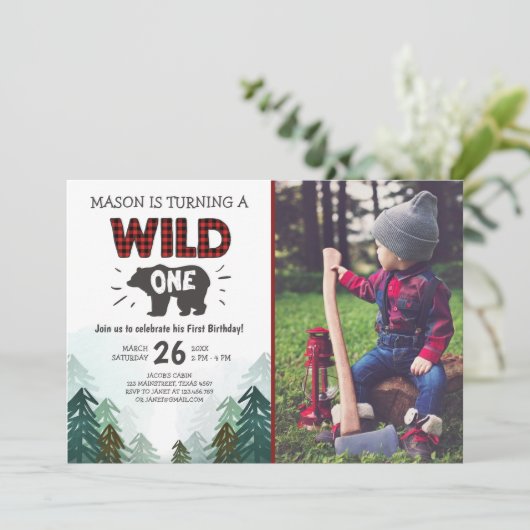 Lumberjack Birthday Invitation Wild One Forest Kaart (Staand voorkant)