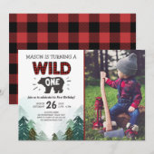 Lumberjack Birthday Invitation Wild One Forest Kaart (Voorkant / Achterkant)