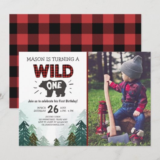 Lumberjack Birthday Invitation Wild One Forest Kaart (Voorkant / Achterkant)