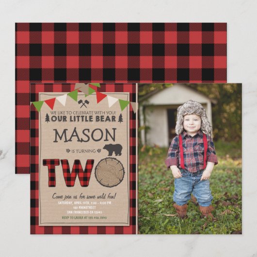 Lumberjack Birthday Invitation Woodland Birthday Kaart (Voorkant / Achterkant)