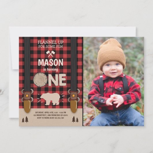 Lumberjack Birthday Invitation Woodland Pset Red Kaart (Voorkant)