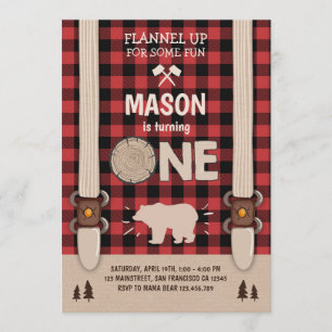 Lumberjack Birthday Invitation Woodland Pset Red Kaart