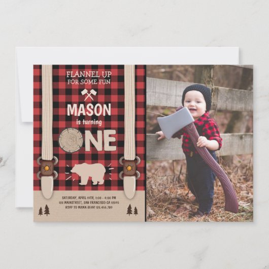 Lumberjack Birthday Invitation Woodland Pset Red Kaart (Voorkant)