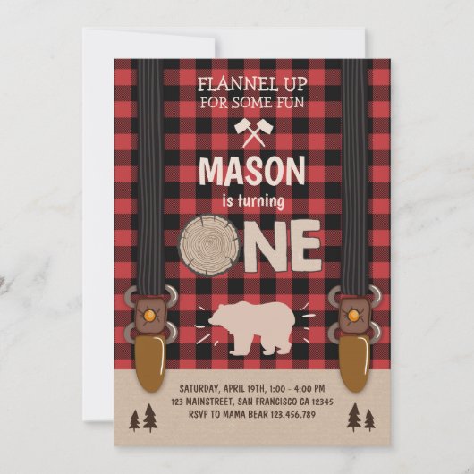 Lumberjack Birthday Invitation Woodland Pset Red Kaart (Voorkant)