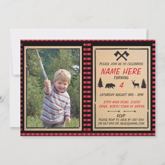 Lumberjack Birthday Noite Boys Check Invitations Kaart (Voorkant)