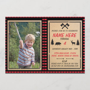 Lumberjack Birthday Noite Boys Check Invitations Kaart