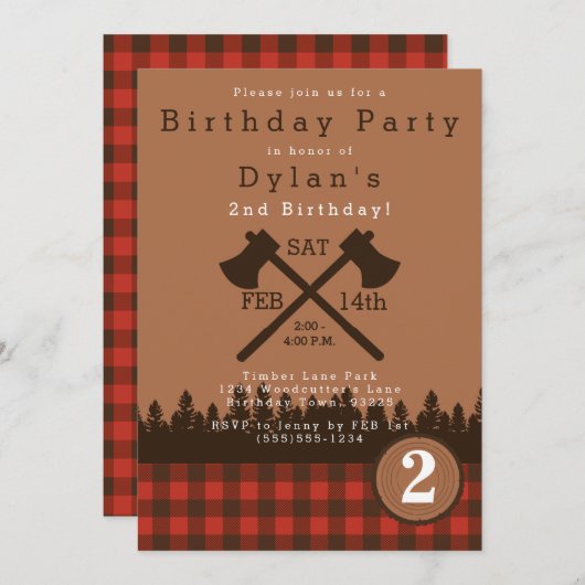 Lumberjack Birthday Party Invitation Kaart (Voorkant / Achterkant)