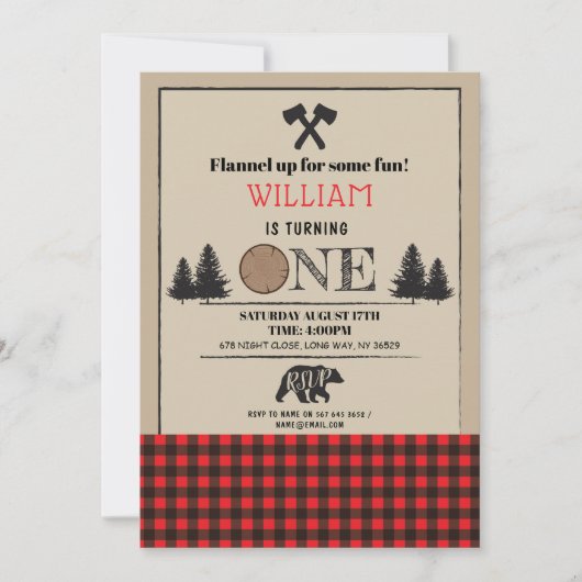 Lumberjack Birthday Party ONE First 1st Red Invite Kaart (Voorkant)