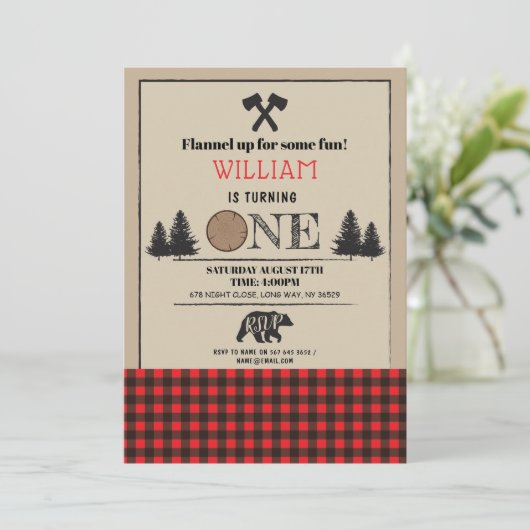 Lumberjack Birthday Party ONE First 1st Red Invite Kaart (Staand voorkant)