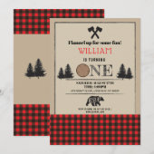 Lumberjack Birthday Party ONE First 1st Red Invite Kaart (Voorkant / Achterkant)