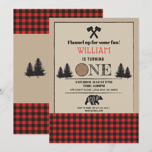 Lumberjack Birthday Party ONE First 1st Red Invite Kaart (Voorkant / Achterkant)