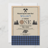 Lumberjack Birthday Party ONE First Blue Invite Kaart (Voorkant)