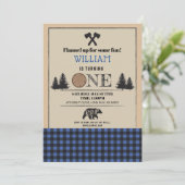 Lumberjack Birthday Party ONE First Blue Invite Kaart (Staand voorkant)