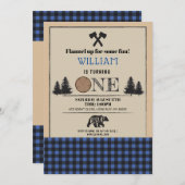 Lumberjack Birthday Party ONE First Blue Invite Kaart (Voorkant / Achterkant)