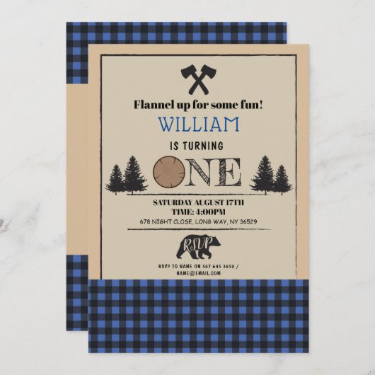 Lumberjack Birthday Party ONE First Blue Invite Kaart (Voorkant / Achterkant)