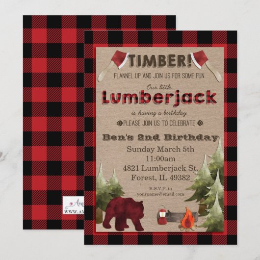 Lumberjack Birthday Uitnodiging (Voorkant / Achterkant)