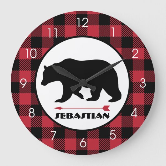 Lumberjack Black Bear Buffalo Plaid Hunter Theme Grote Klok (Voorkant)