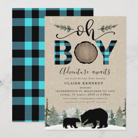 Lumberjack Blue Flannel Kraft Oh Boy Baby shower Kaart (Voorkant / Achterkant)