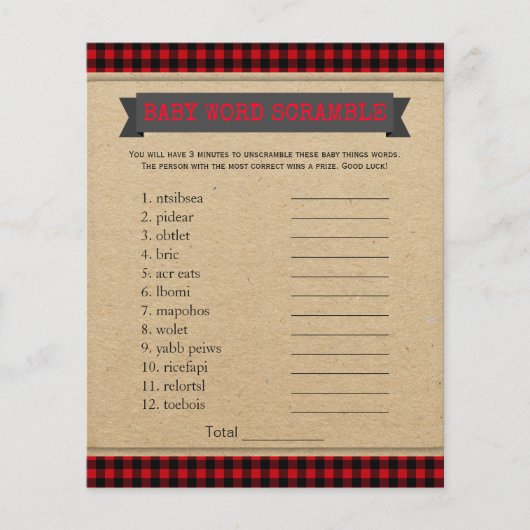 Lumberjack Boho Baby shower Games Word Scramble (Voorkant)