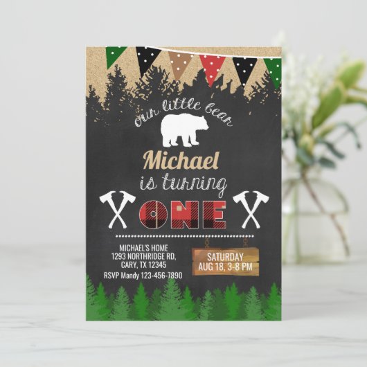 Lumberjack boy 1e eerste verjaardag uitnodiging. kaart (Staand voorkant)