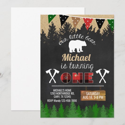 Lumberjack boy 1e eerste verjaardag uitnodiging. kaart (Voorkant / Achterkant)