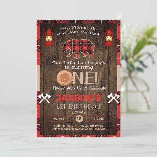 Lumberjack boy 1e verjaardag uitnodiging. kaart (Staand voorkant)