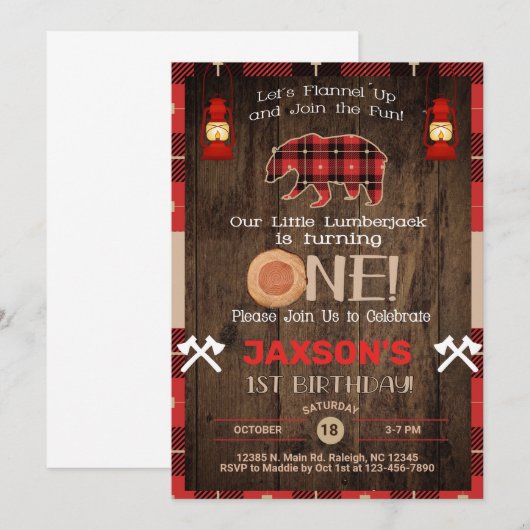 Lumberjack boy 1e verjaardag uitnodiging. kaart (Voorkant / Achterkant)