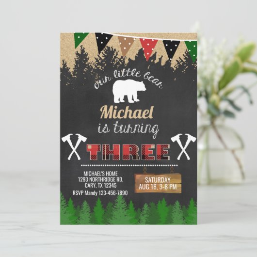 Lumberjack boy 3e verjaardag uitnodiging. kaart (Staand voorkant)