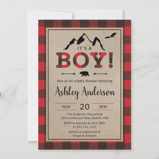 Lumberjack Boy Baby shower Uitnodiging (Voorkant)