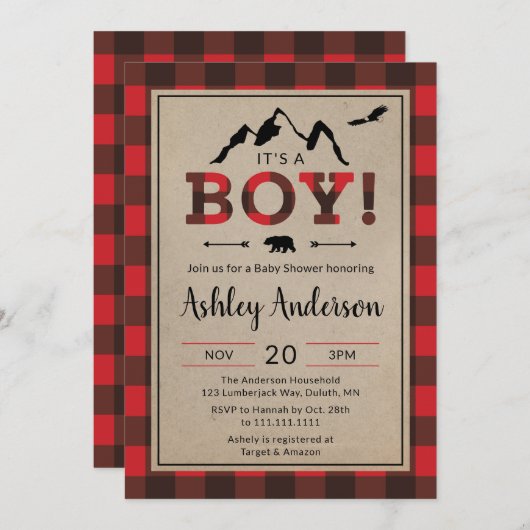 Lumberjack Boy Baby shower Uitnodiging (Voorkant / Achterkant)