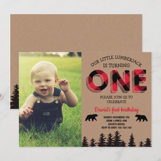 Lumberjack Boy Eerste Verjaardag Rode Flanel Foto Kaart (Voorkant / Achterkant)