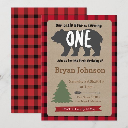 Lumberjack Boy First Birthday Invitation Kaart (Voorkant / Achterkant)