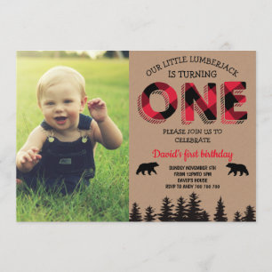Lumberjack Boy First Birthday Red Flannel Foto Kaart