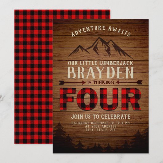 Lumberjack Buffalo Pond Fourth Birthday Kaart (Voorkant / Achterkant)