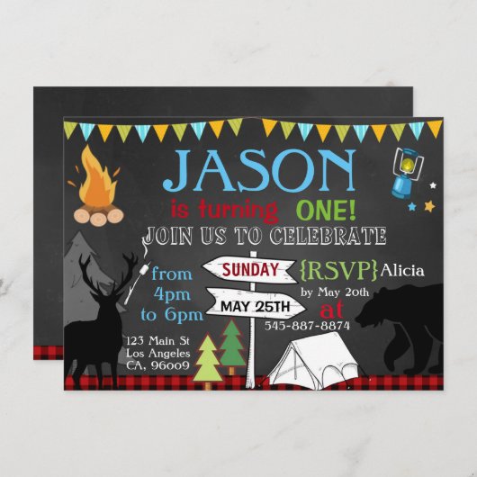 Lumberjack Camping first verjaarfeestparty-uitnodi Kaart (Voorkant / Achterkant)
