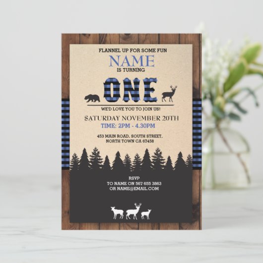 Lumberjack Eerste Verjaardag Een Blauwe Check Uitn Kaart (Staand voorkant)