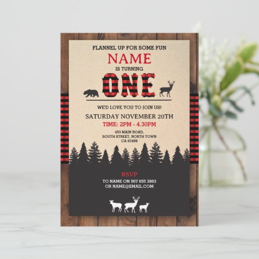Lumberjack Eerste Verjaardag EEN Rode Check uitnod Kaart (Staand voorkant)