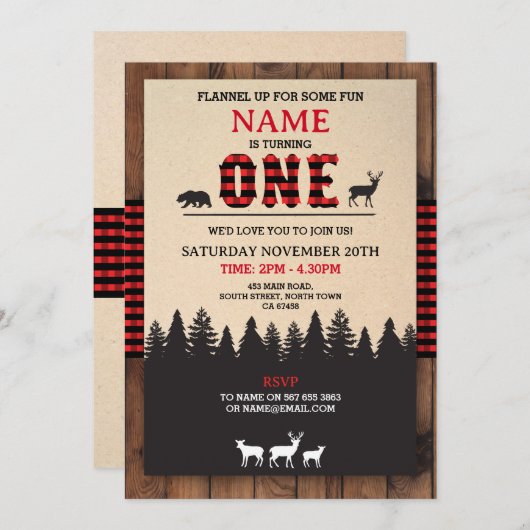 Lumberjack Eerste Verjaardag EEN Rode Check uitnod Kaart (Voorkant / Achterkant)
