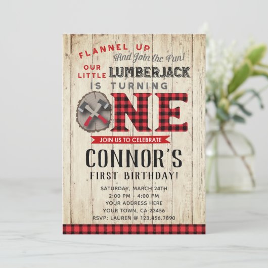 Lumberjack eerste verjaardag uitnodiging (Staand voorkant)