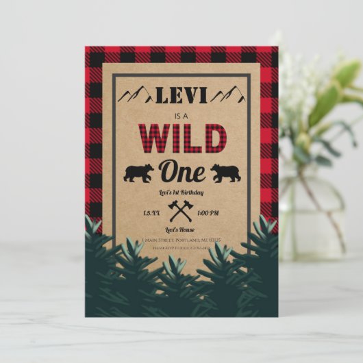 Lumberjack eerste verjaardag, Wild One uitnodiging (Staand voorkant)