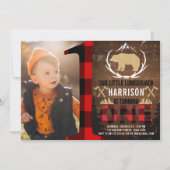 Lumberjack Eerste Verjaardag Wood Plaid Foto Kaart (Voorkant)