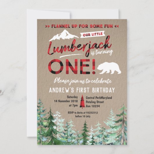 Lumberjack eerste verjaardag Woodland uitnodiging (Voorkant)