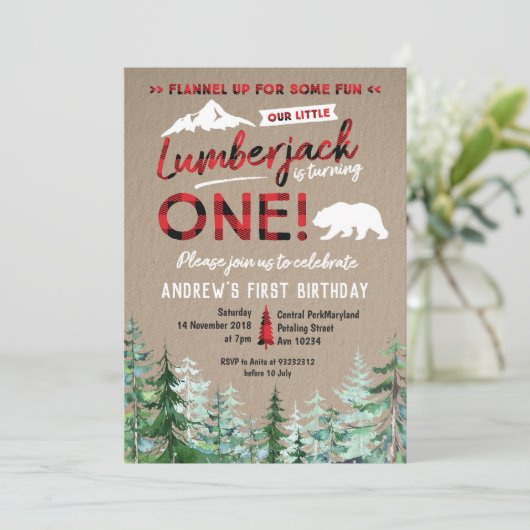 Lumberjack eerste verjaardag Woodland uitnodiging (Staand voorkant)
