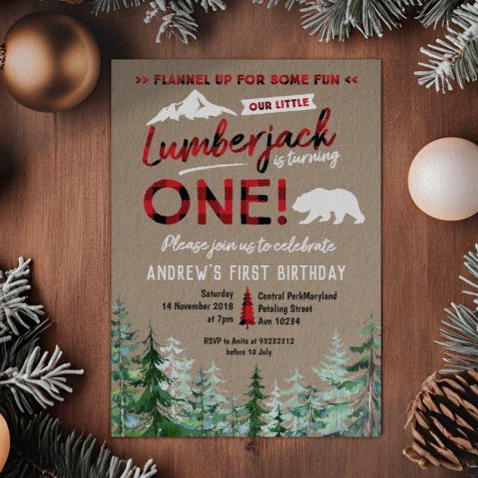Lumberjack eerste verjaardag Woodland uitnodiging