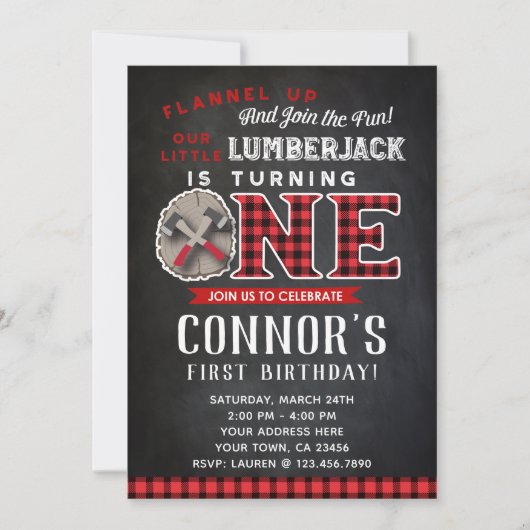 Lumberjack First Birthday Invitation Chalkboard Kaart (Voorkant)
