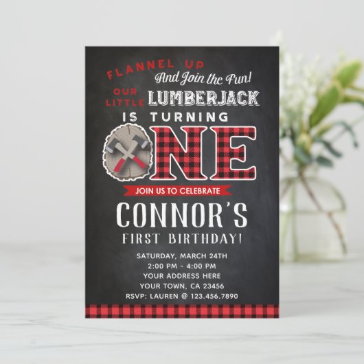 Lumberjack First Birthday Invitation Chalkboard Kaart (Staand voorkant)