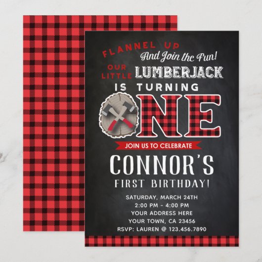 Lumberjack First Birthday Invitation Chalkboard Kaart (Voorkant / Achterkant)