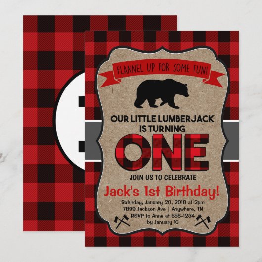 Lumberjack First Birthday Invitation Kaart (Voorkant / Achterkant)