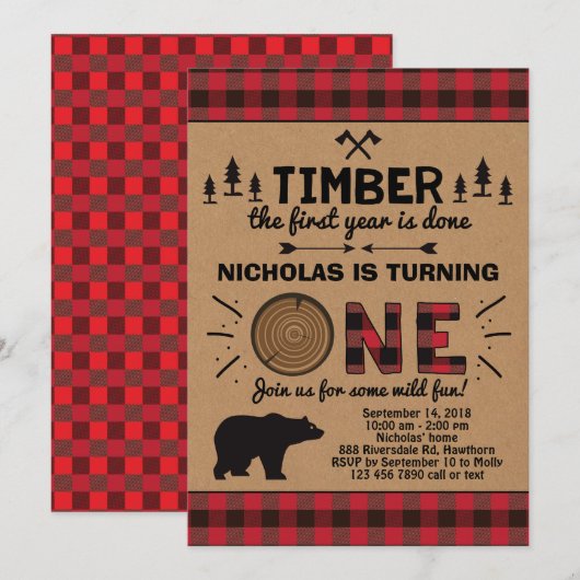 Lumberjack First Birthday Invitation Kaart (Voorkant / Achterkant)